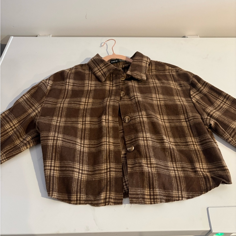 SHEIN Brown Checkered Cropped Shirt